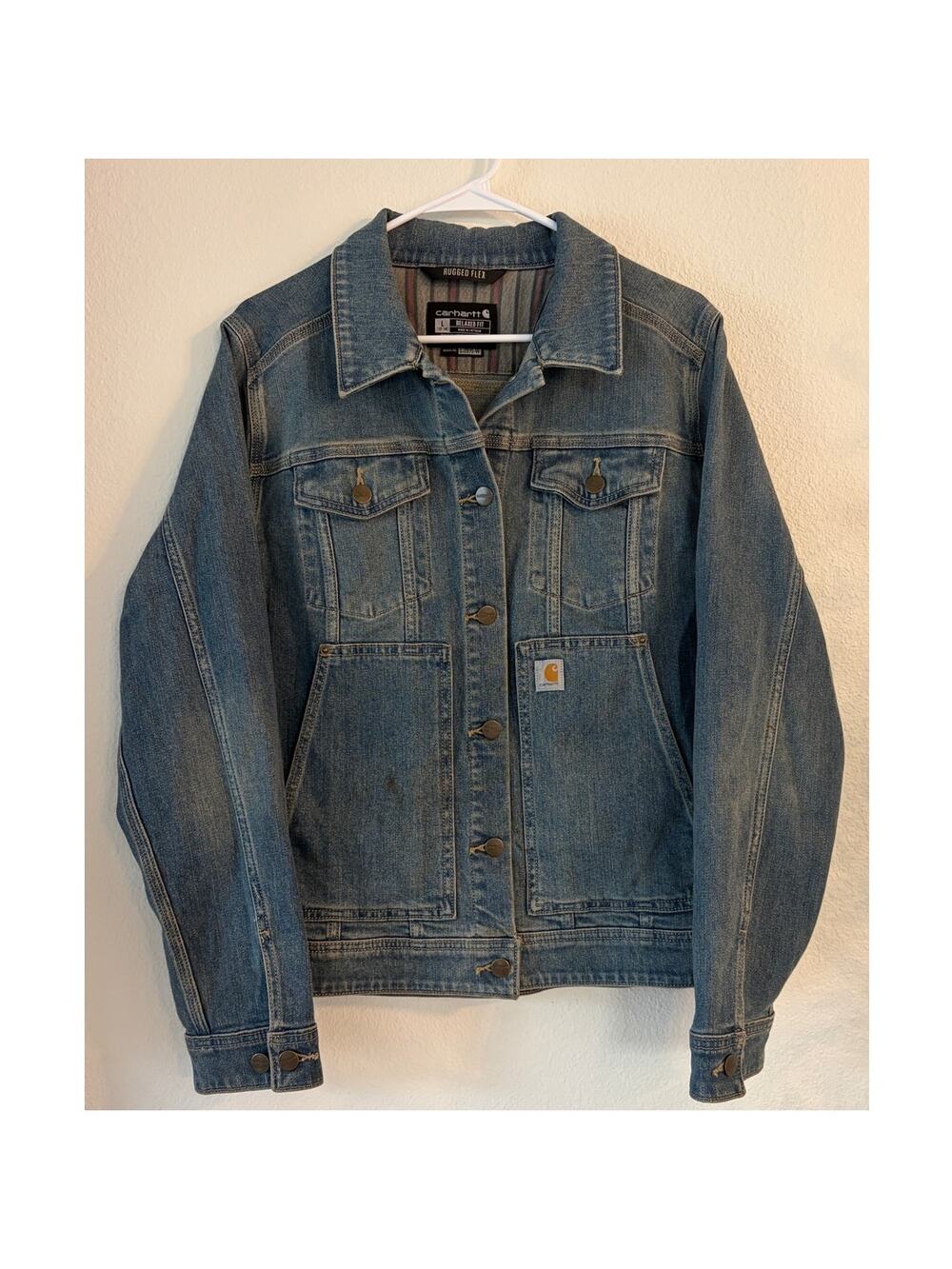 Carhartt Rugged Flex Denim Jacket Women's Large 12/14 Relaxed Fit Trucker Jean